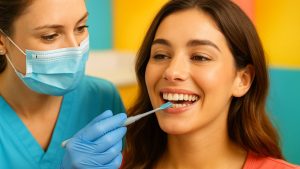 A dental professional wearing gloves and a mask applies fluoride to a smiling woman's teeth in a brightly colored dental office.