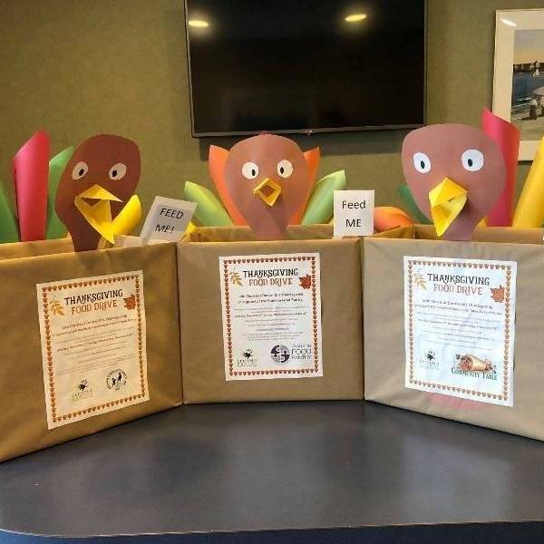 Collection bins for all of our offices to collect donations for local food pantries.